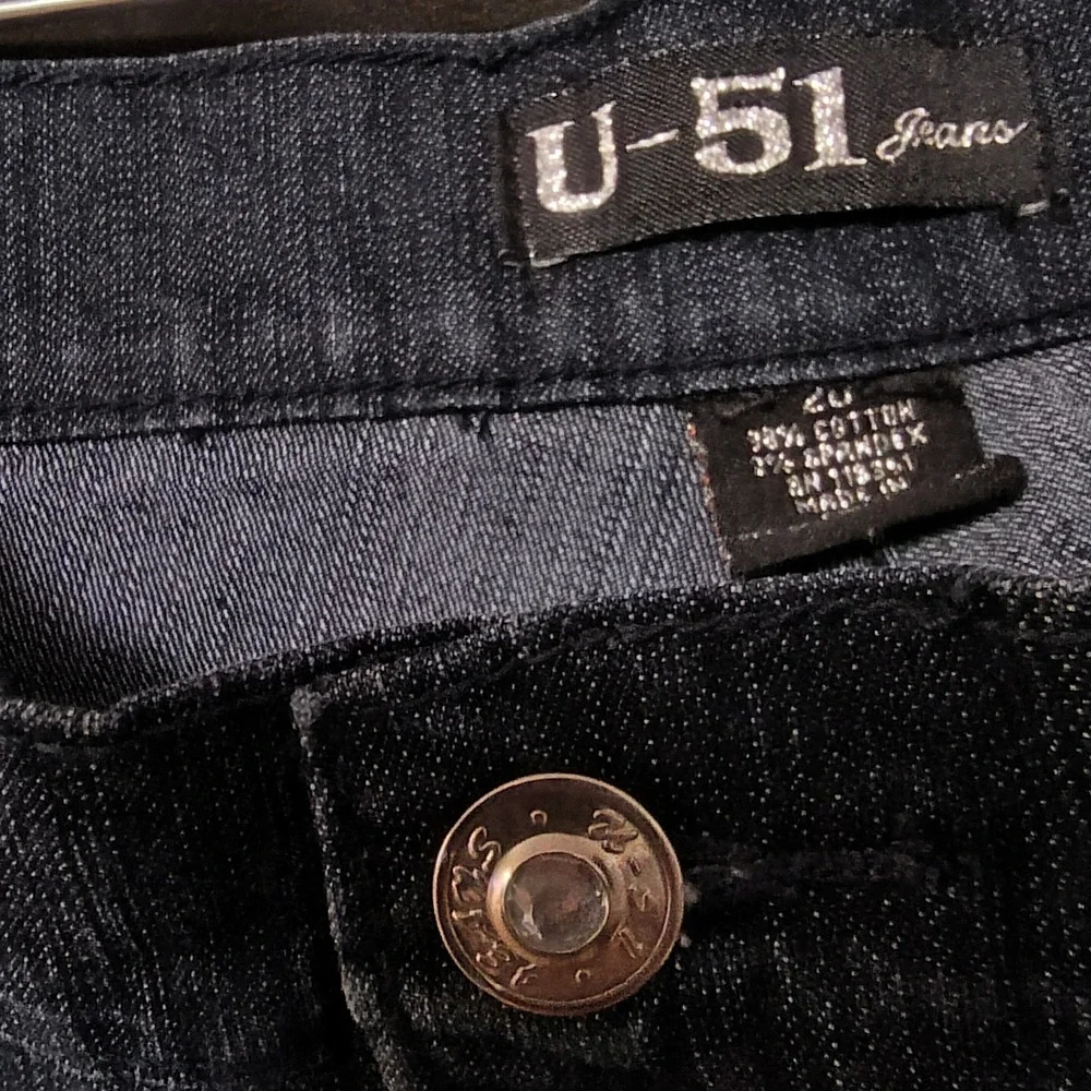 20 W jeans U 51 embroidered bling stretch dark blue straight crinkled